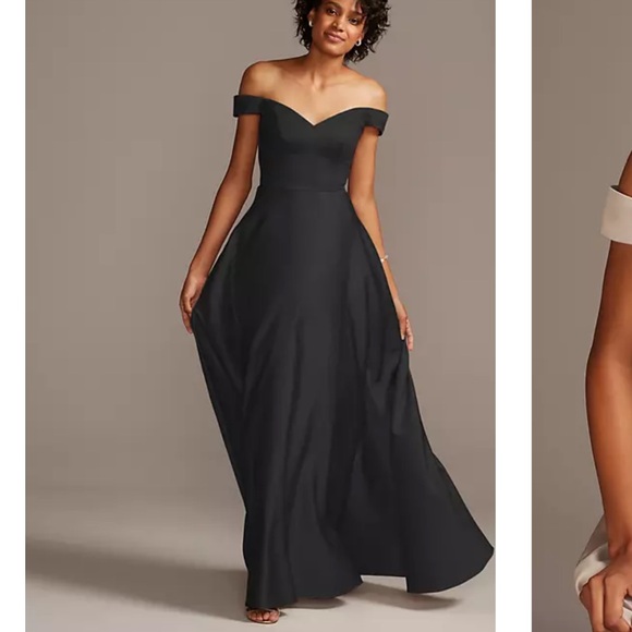 Off-Shoulder Satin A-Line Dress - Picture 2 of 10